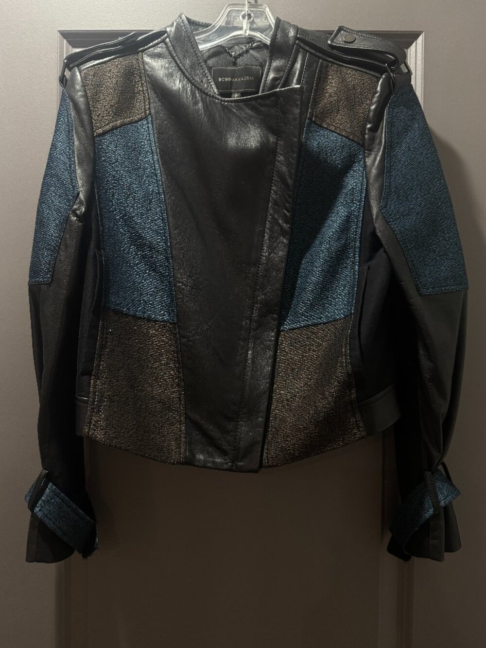 BCBGMAXAZRIA Colorblock Mixed Media Moto Jacket Black Blue Size S